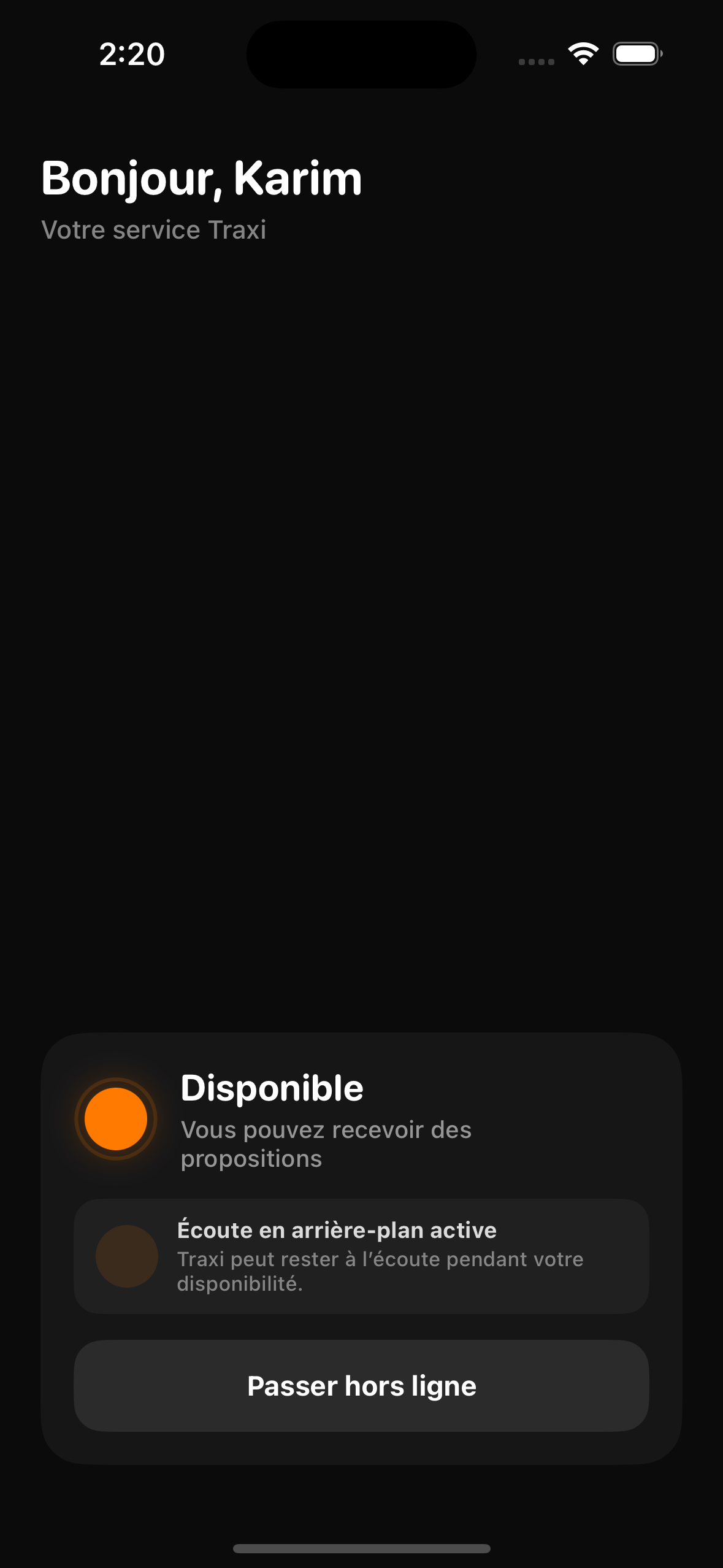 Écran de disponibilité de l’application Traxi Driver
